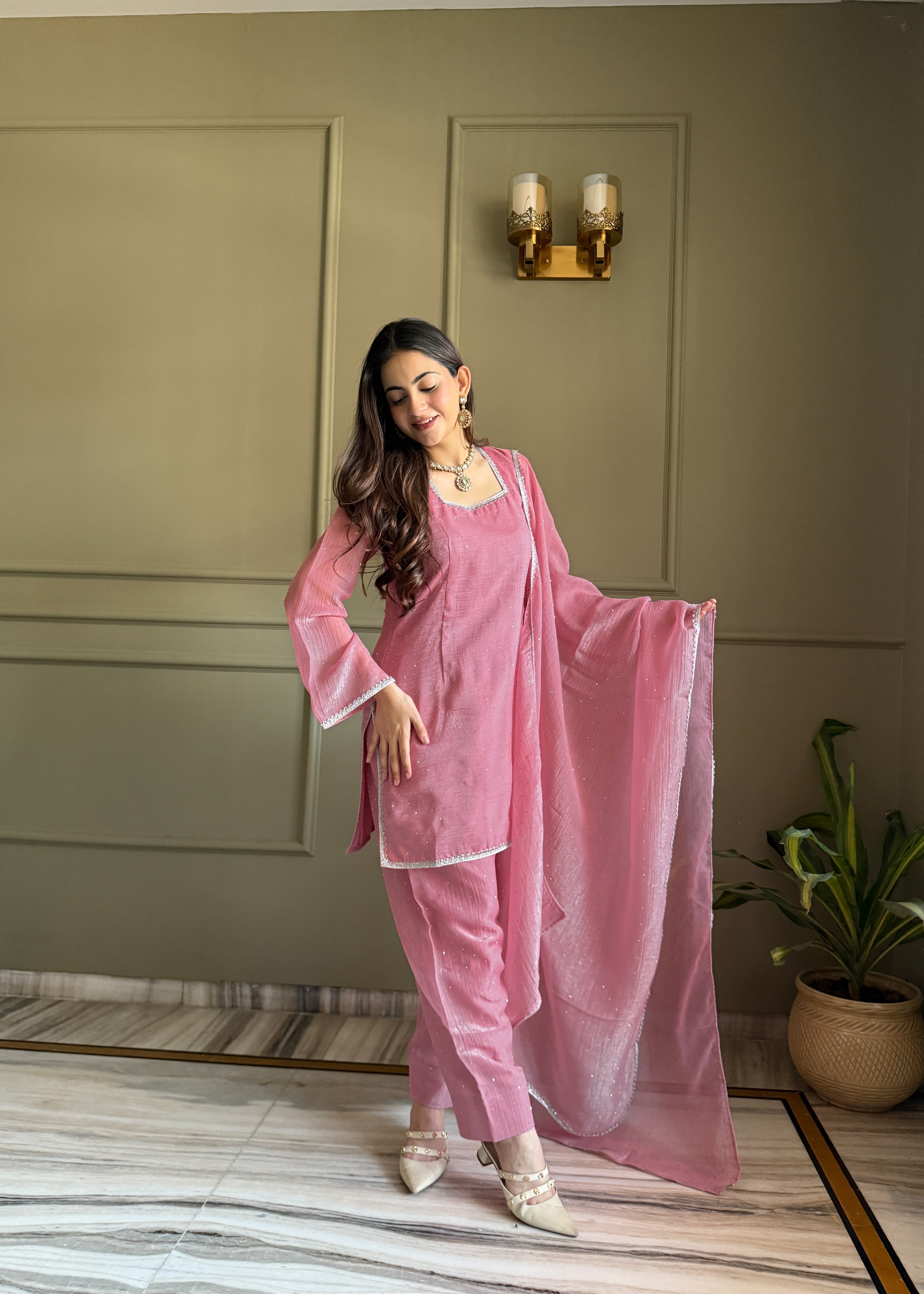 Crunchy Silk Farshi Salwar Suit with Fancy Lace and Dupatta