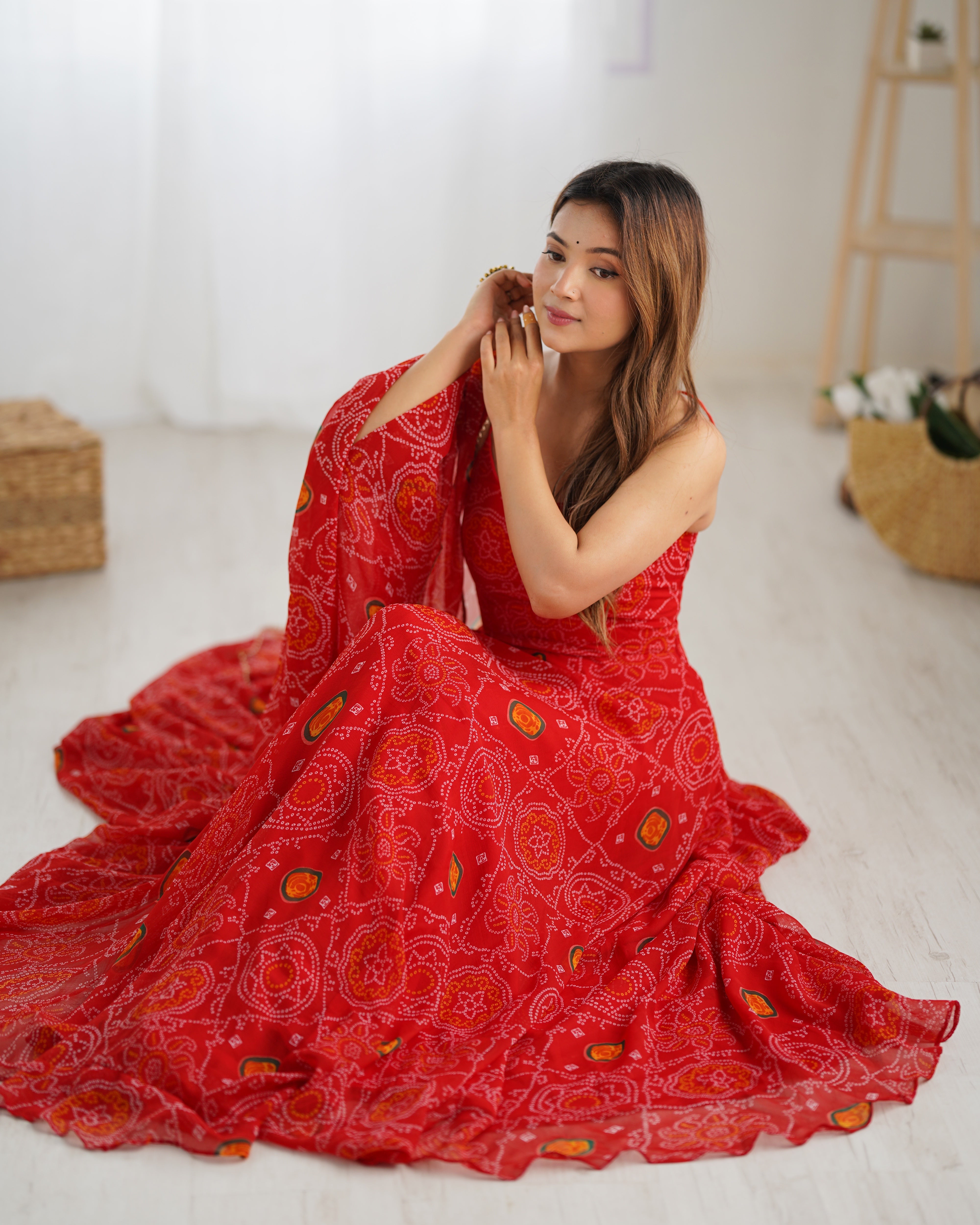 Bandhani Printed Chiffon Anarkali Gown With Dupatta Stitched