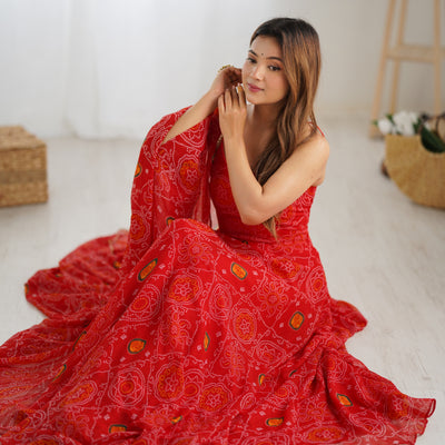 Bandhani Printed Chiffon Anarkali Gown With Dupatta Stitched
