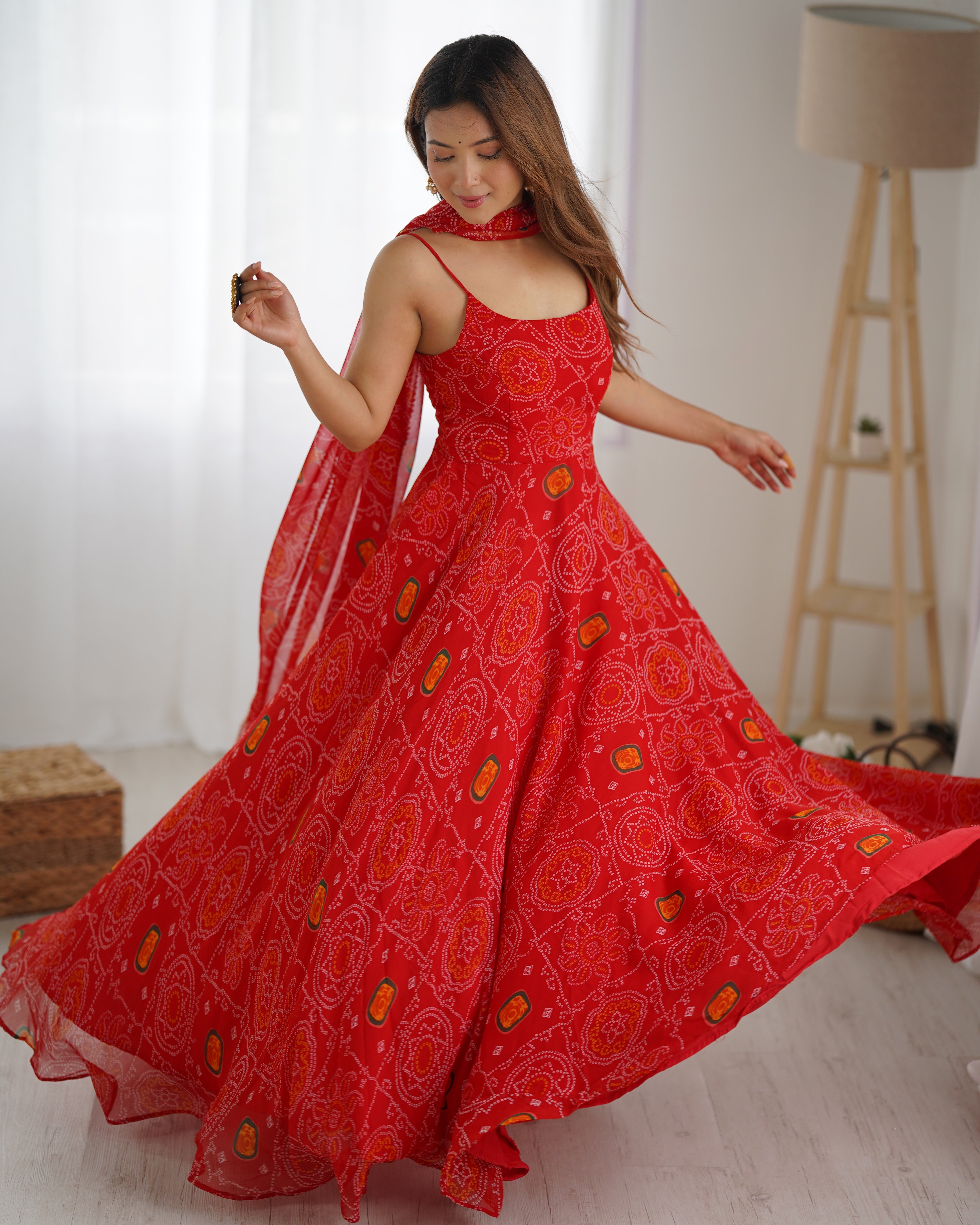 Bandhani Printed Chiffon Anarkali Gown With Dupatta Stitched