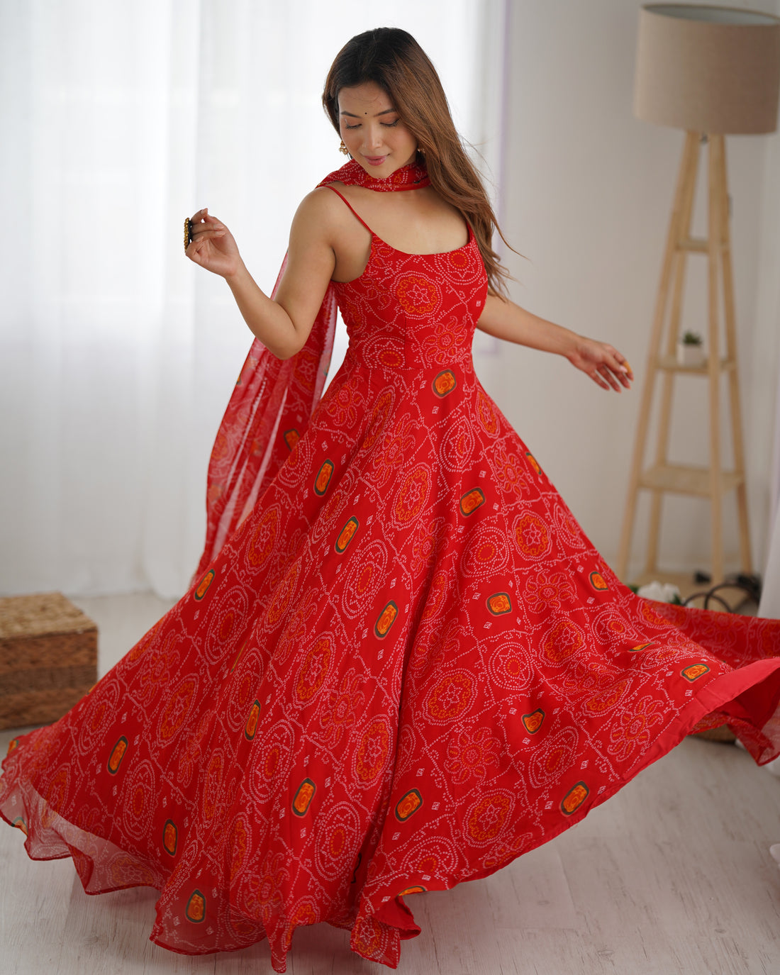 Bandhani Printed Chiffon Anarkali Gown With Dupatta Stitched