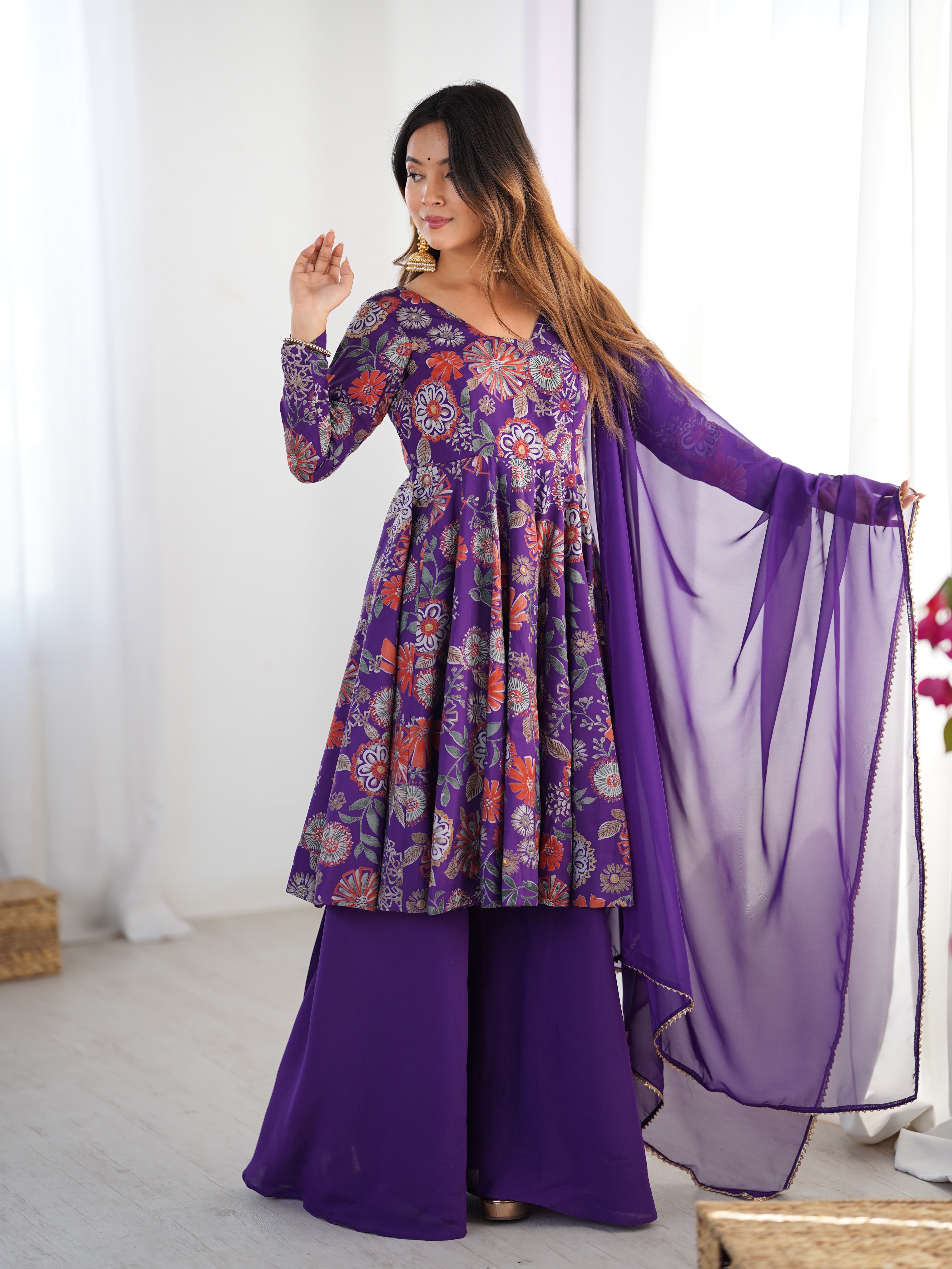 Rani Pink Roman Silk Chanderi Floral Printed Kediya Style Kurta Palazzo Set with Dupatta