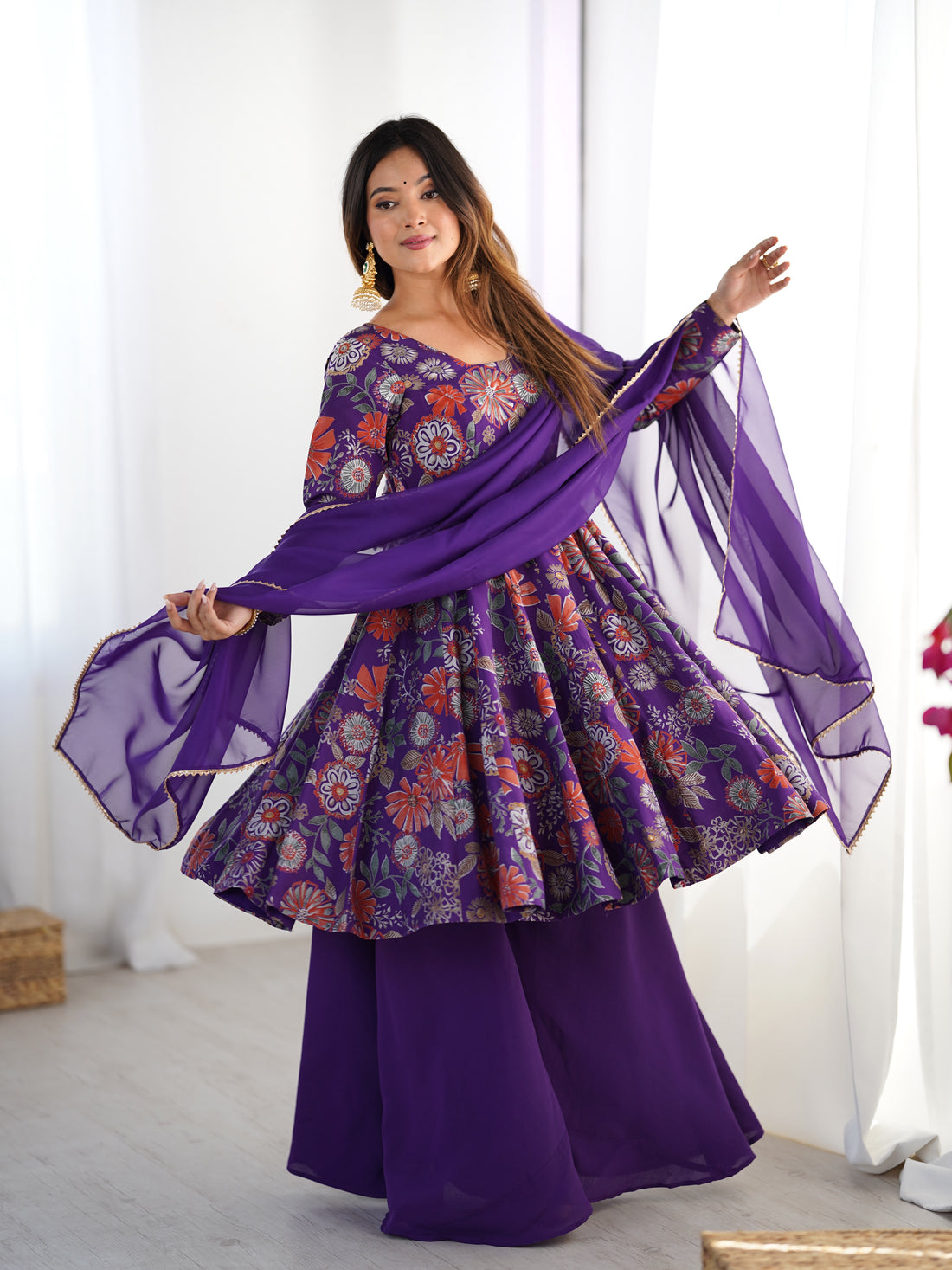 Rani Pink Roman Silk Chanderi Floral Printed Kediya Style Kurta Palazzo Set with Dupatta