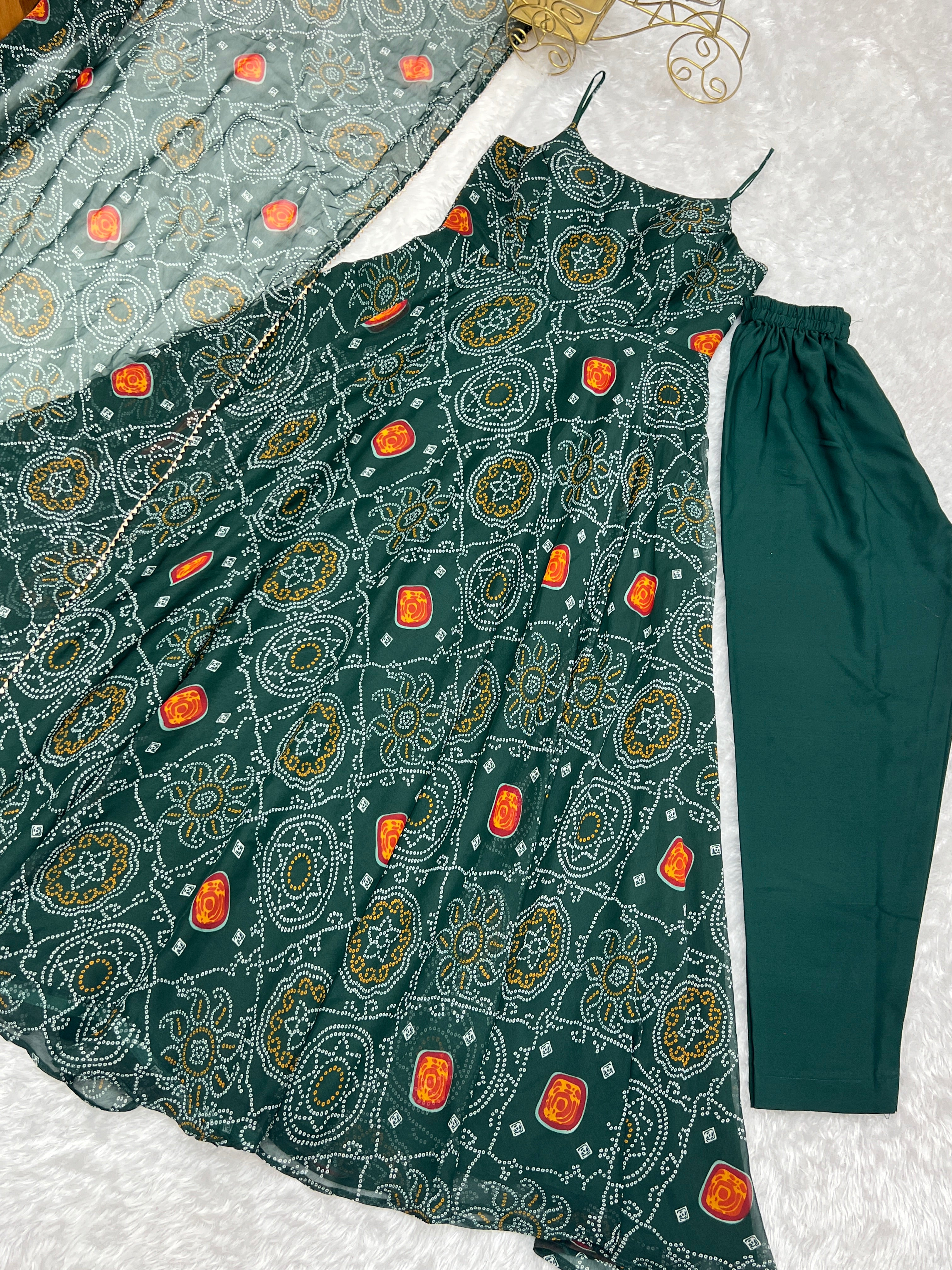 Bandhani Printed Chiffon Anarkali Gown With Dupatta Stitched