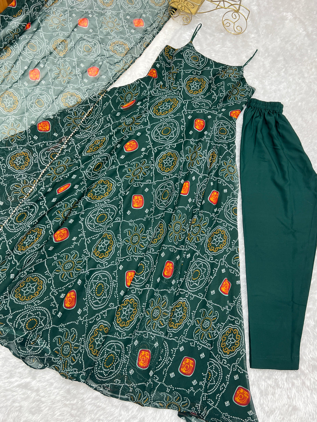 Bandhani Printed Chiffon Anarkali Gown With Dupatta Stitched