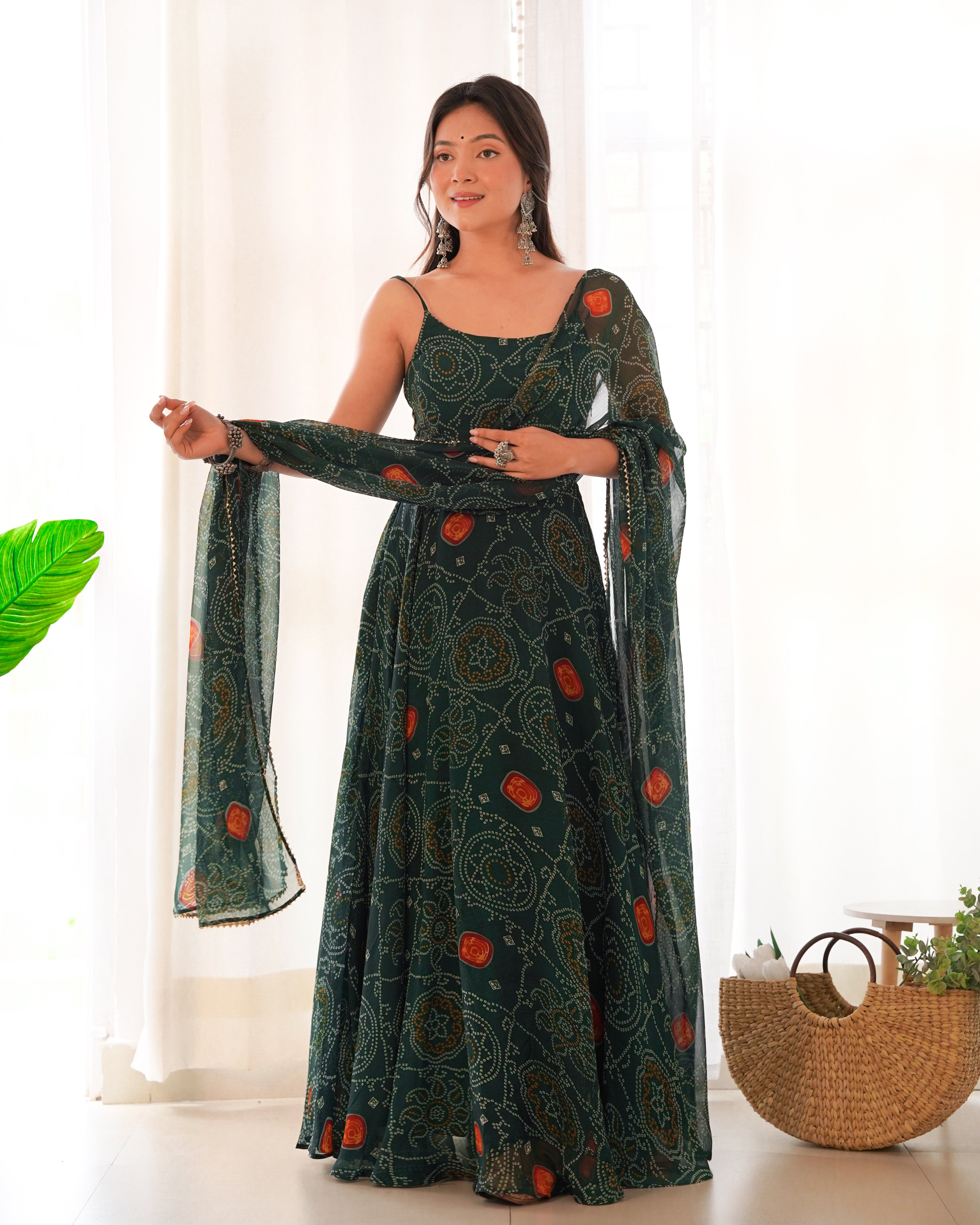 Bandhani Printed Chiffon Anarkali Gown With Dupatta Stitched