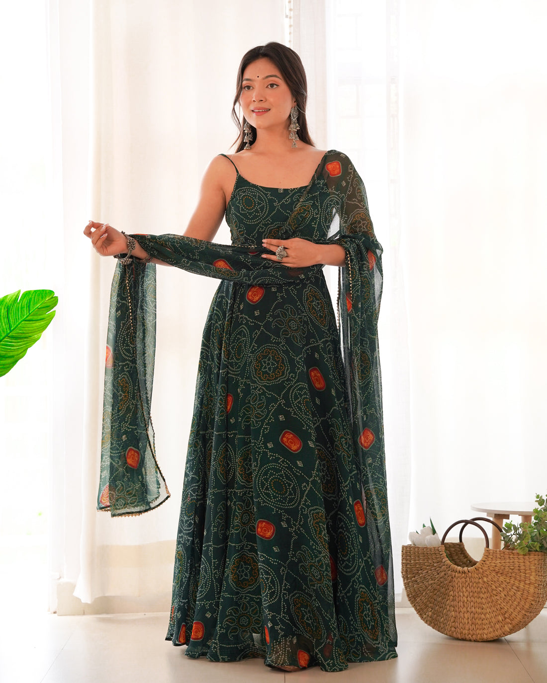 Bandhani Printed Chiffon Anarkali Gown With Dupatta Stitched