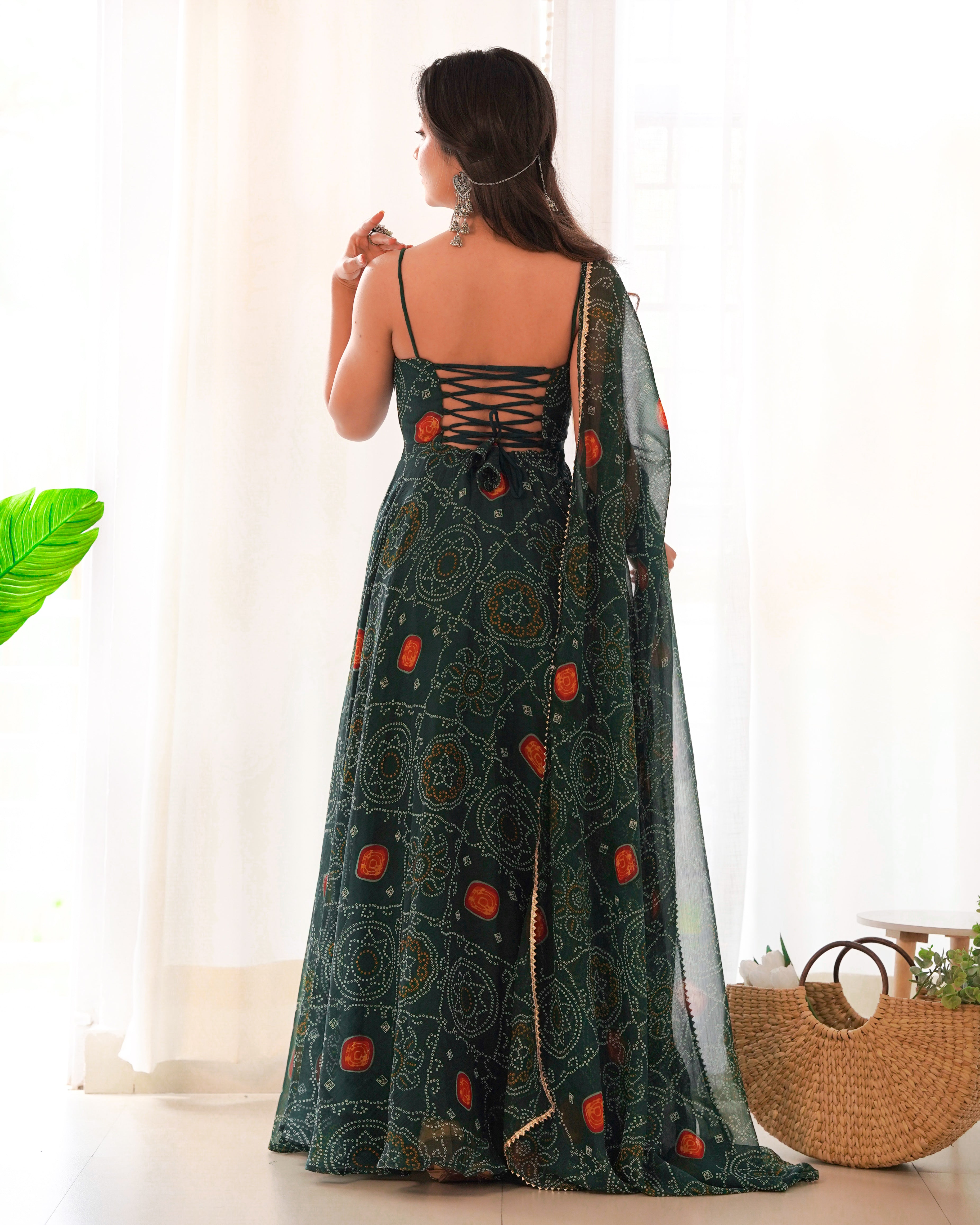 Bandhani Printed Chiffon Anarkali Gown With Dupatta Stitched