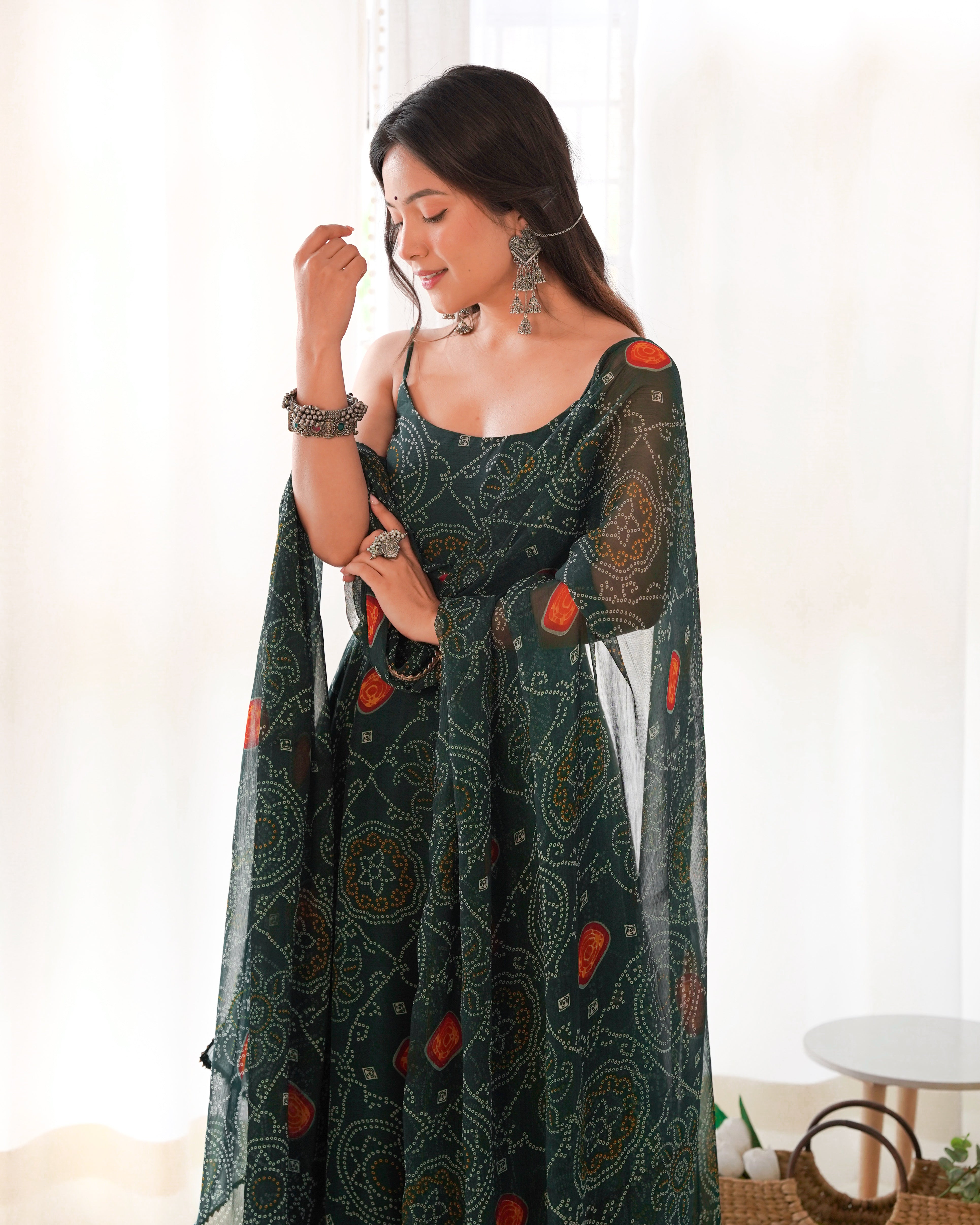 Bandhani Printed Chiffon Anarkali Gown With Dupatta Stitched