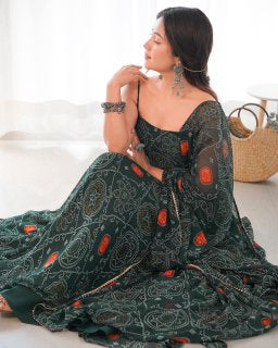 Bandhani Printed Chiffon Anarkali Gown With Dupatta Stitched