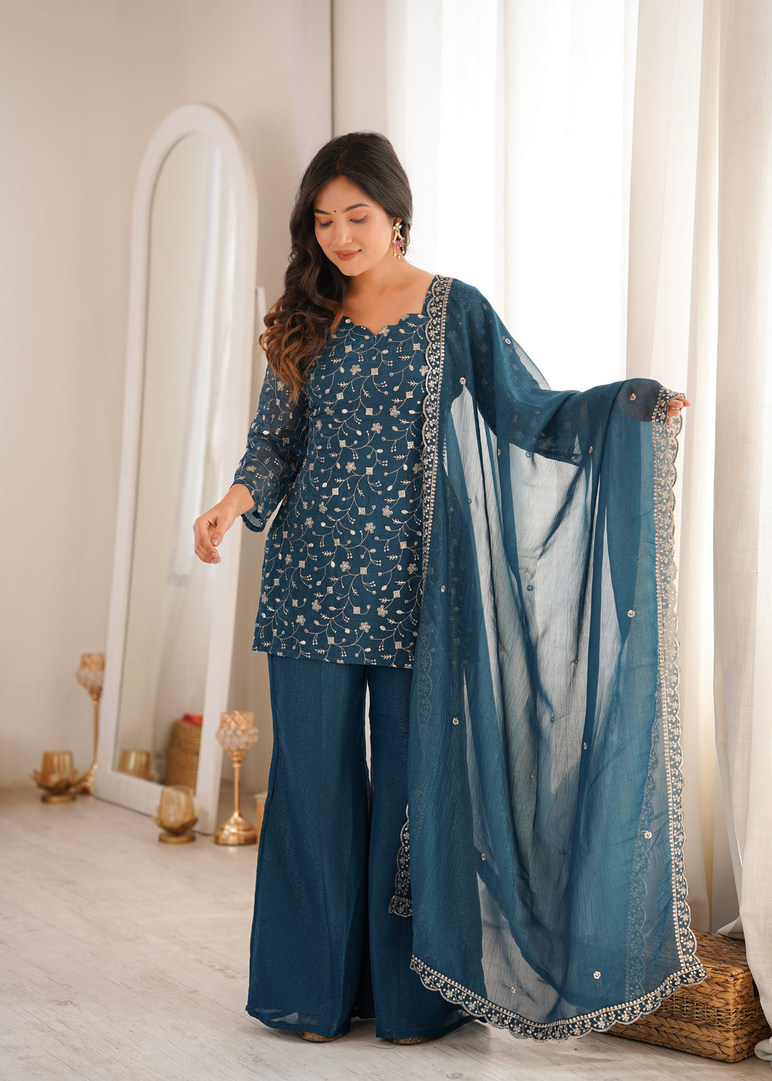 Teal Blue Crunchy Silk Kurta Set with Bell Bottom Pants and Dupatta