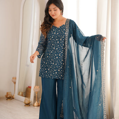 Teal Blue Crunchy Silk Kurta Set with Bell Bottom Pants and Dupatta