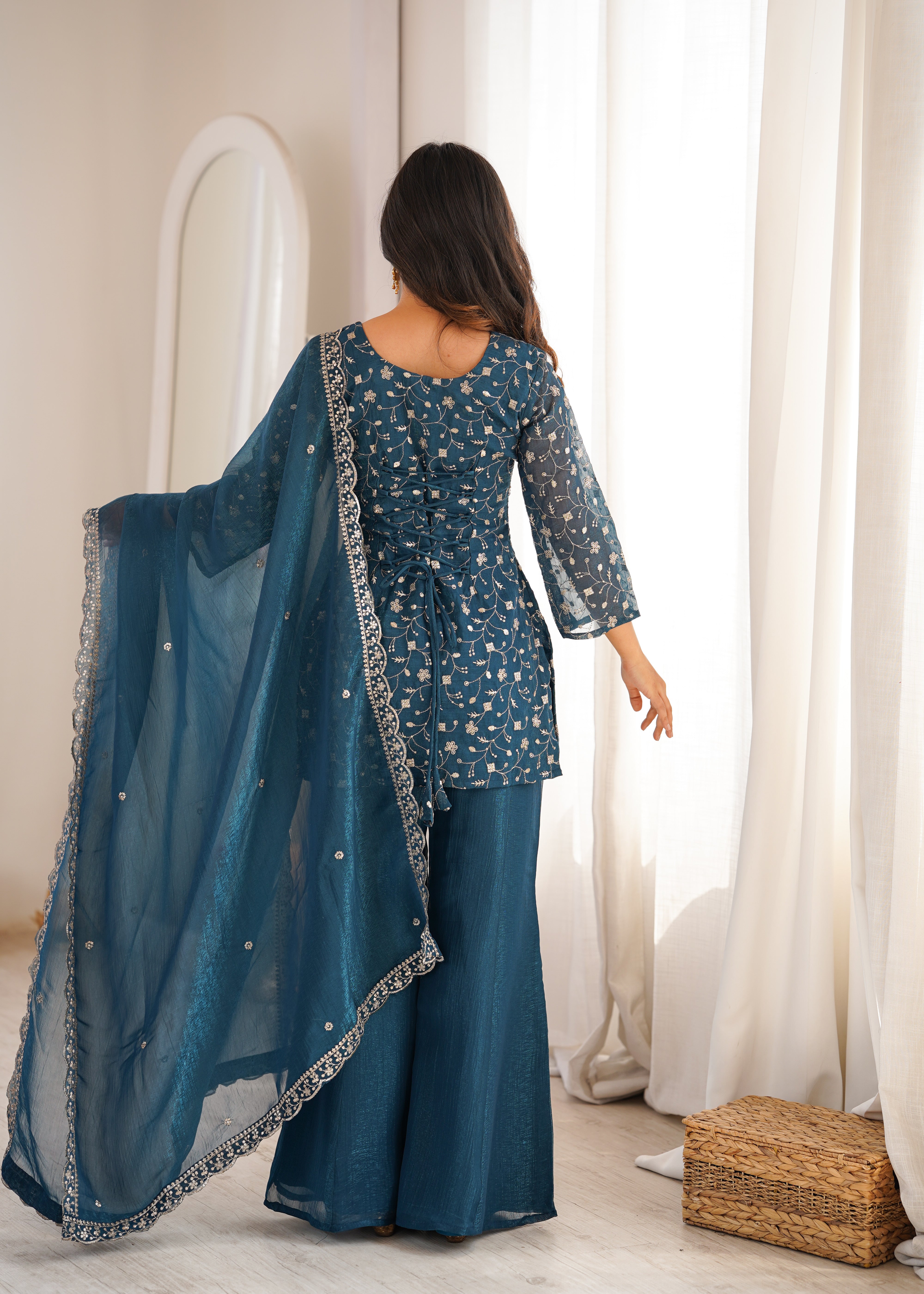 Teal Blue Crunchy Silk Kurta Set with Bell Bottom Pants and Dupatta