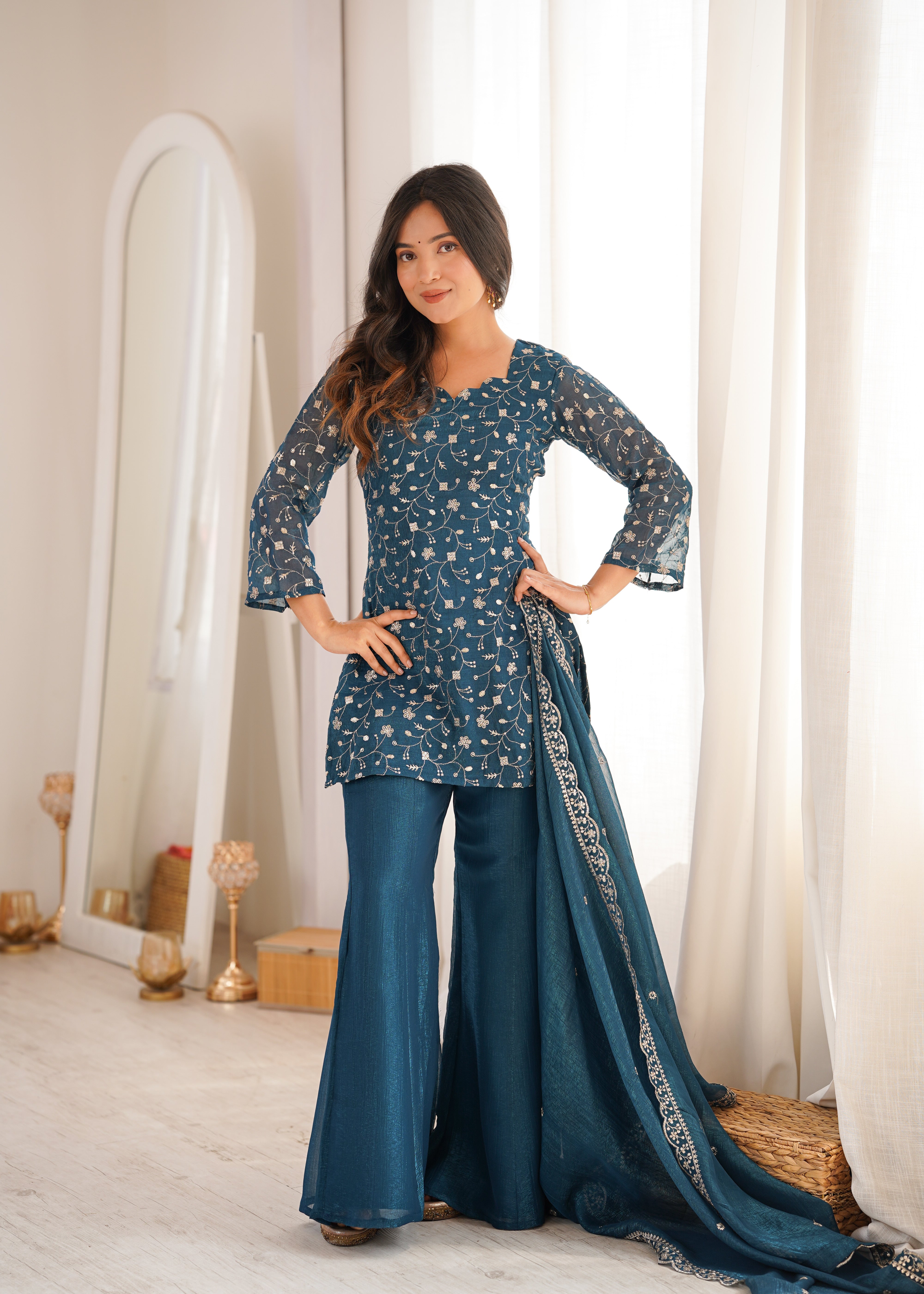 Teal Blue Crunchy Silk Kurta Set with Bell Bottom Pants and Dupatta