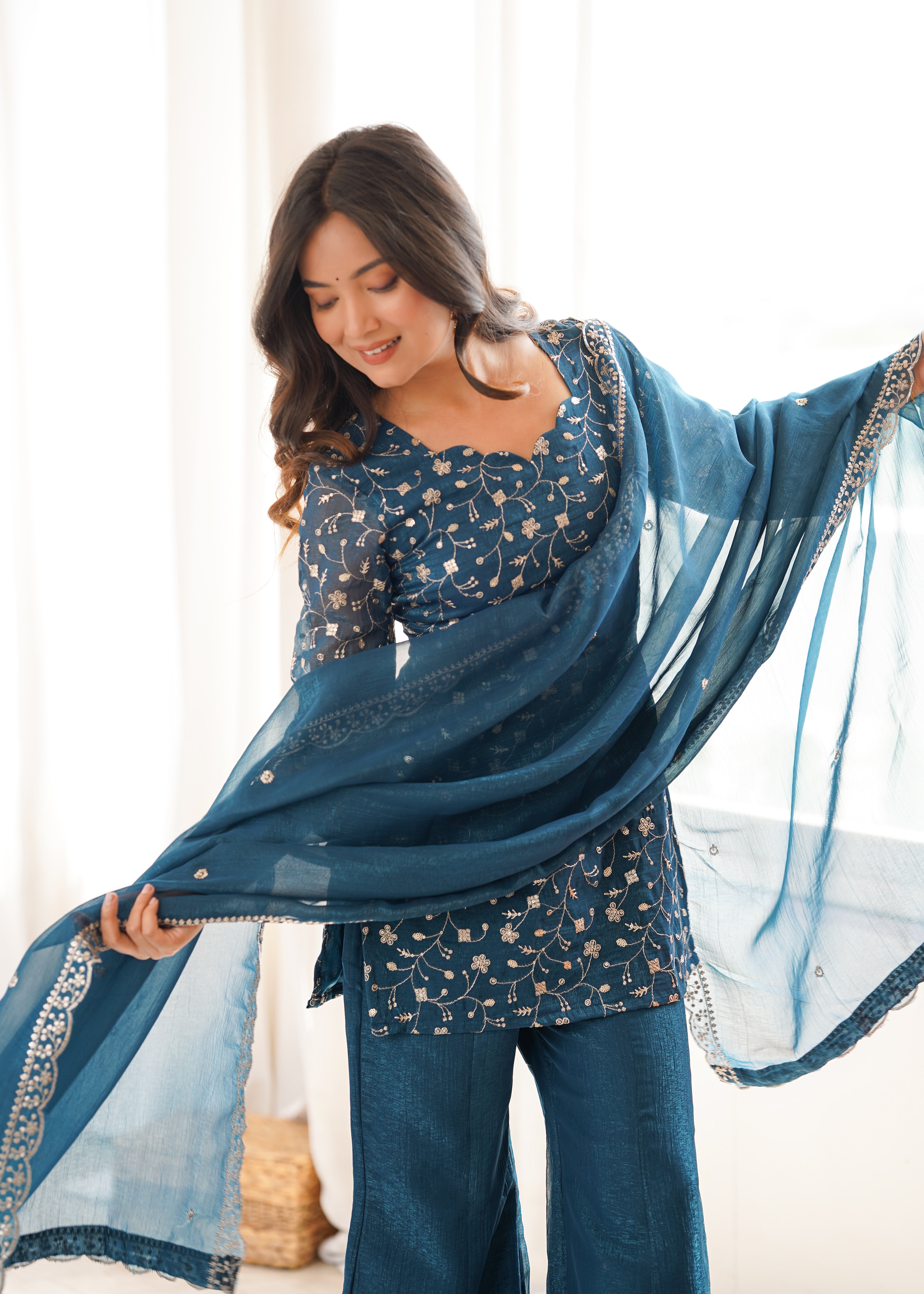 Teal Blue Crunchy Silk Kurta Set with Bell Bottom Pants and Dupatta