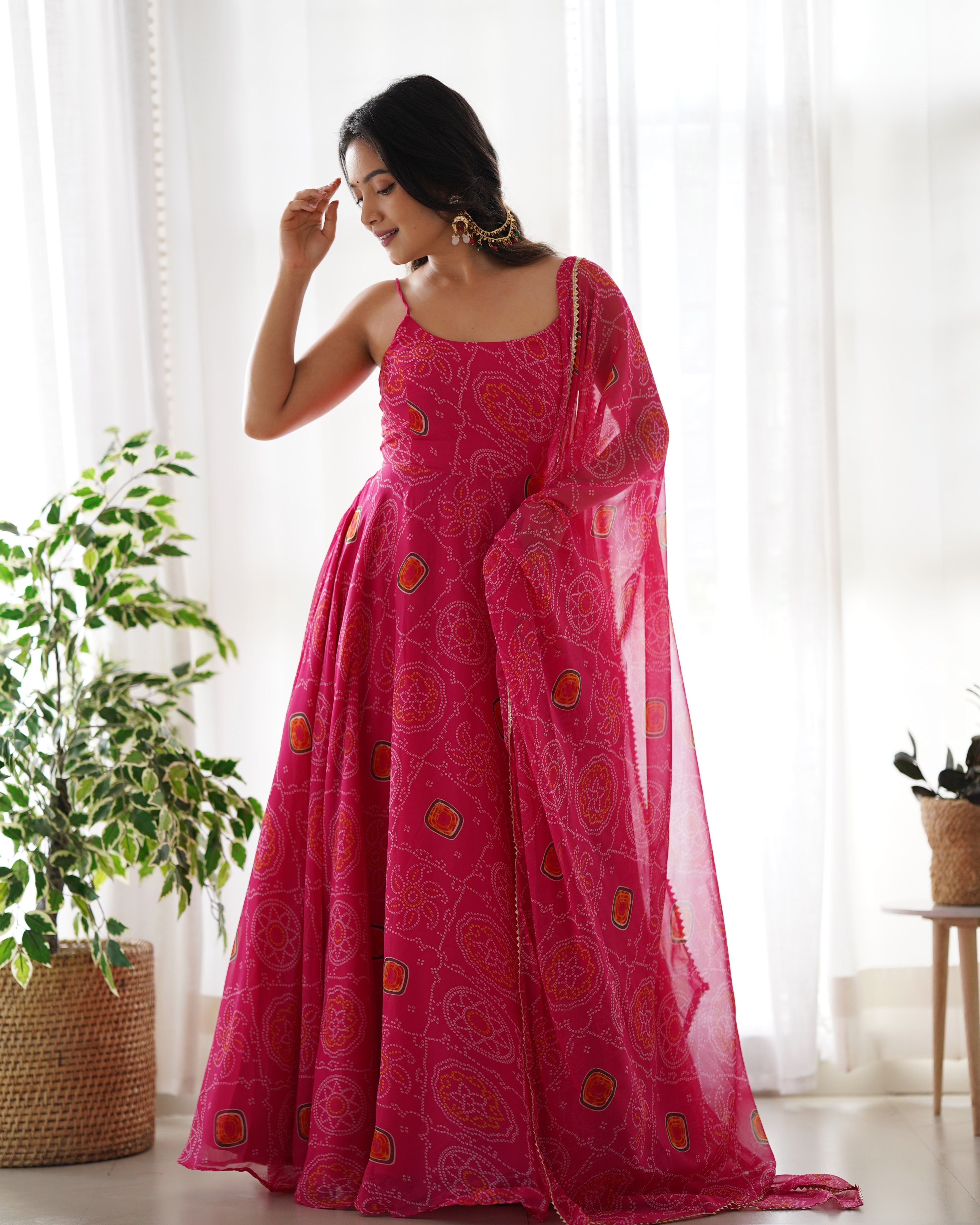 Bandhani Printed Chiffon Anarkali Gown With Dupatta Stitched