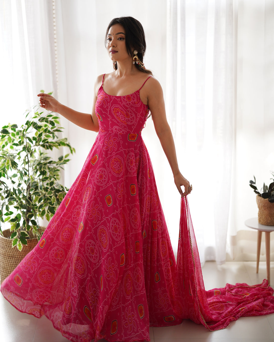 Bandhani Printed Chiffon Anarkali Gown With Dupatta Stitched
