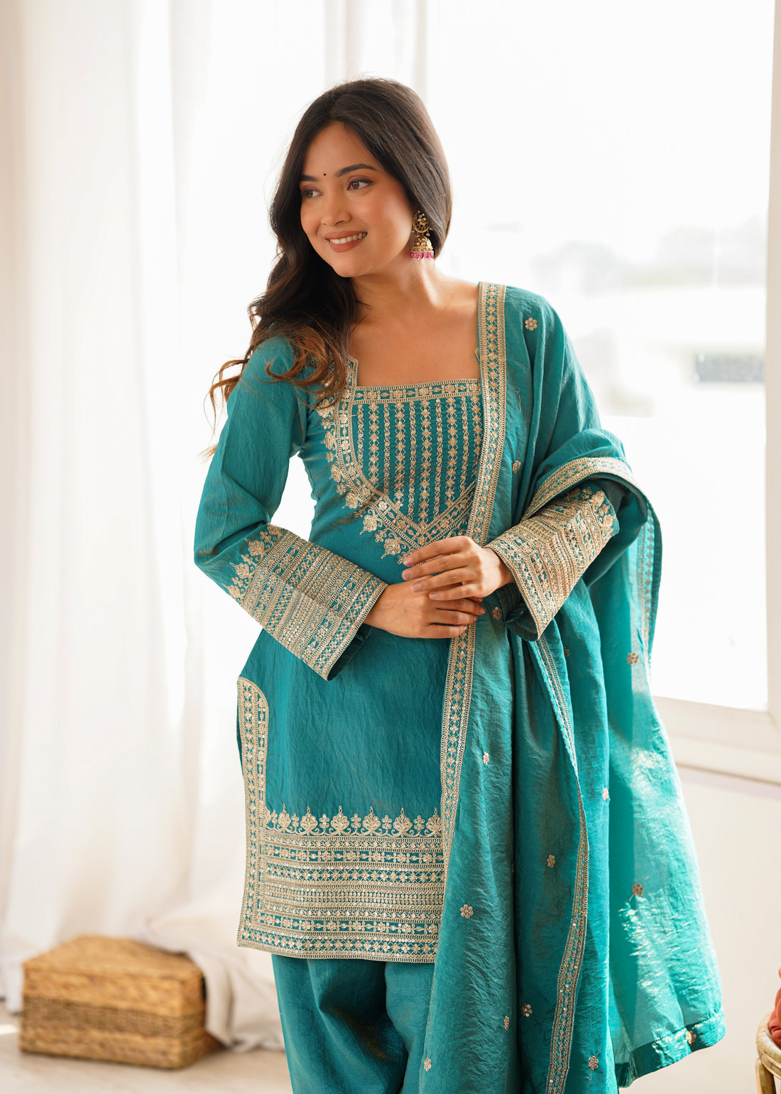 Teal Blue NC Vichitra Silk Farshi Salwar Suit with Embroidery Dori Work for Festive Wear