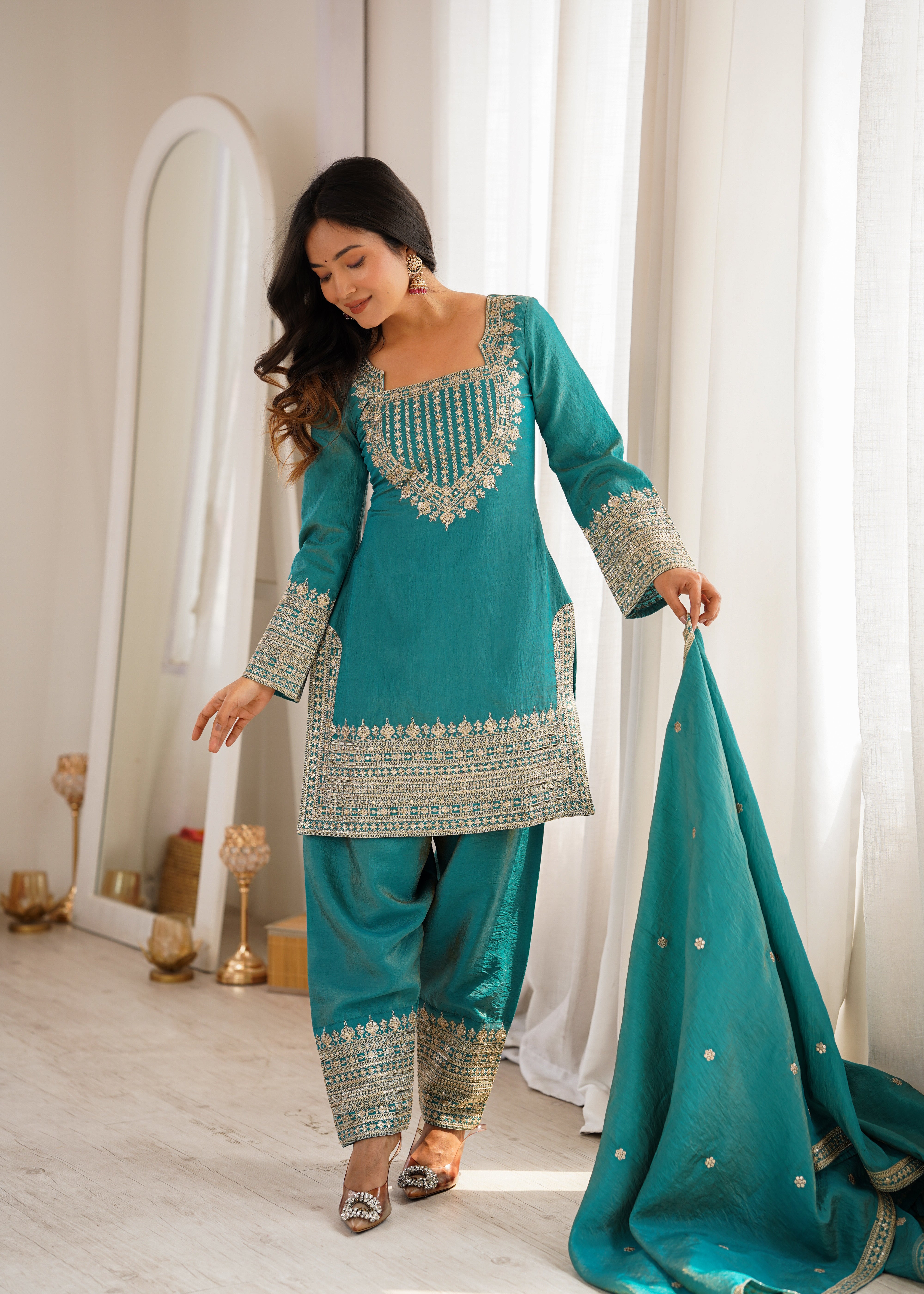 Teal Blue NC Vichitra Silk Farshi Salwar Suit with Embroidery Dori Work for Festive Wear