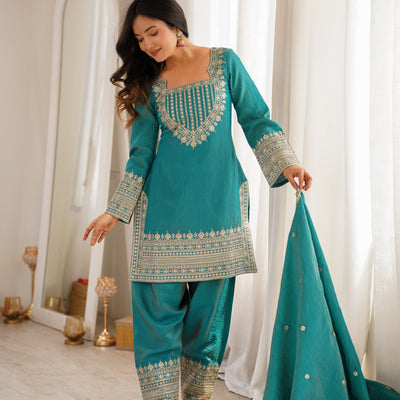 Teal Blue NC Vichitra Silk Farshi Salwar Suit with Embroidery Dori Work for Festive Wear