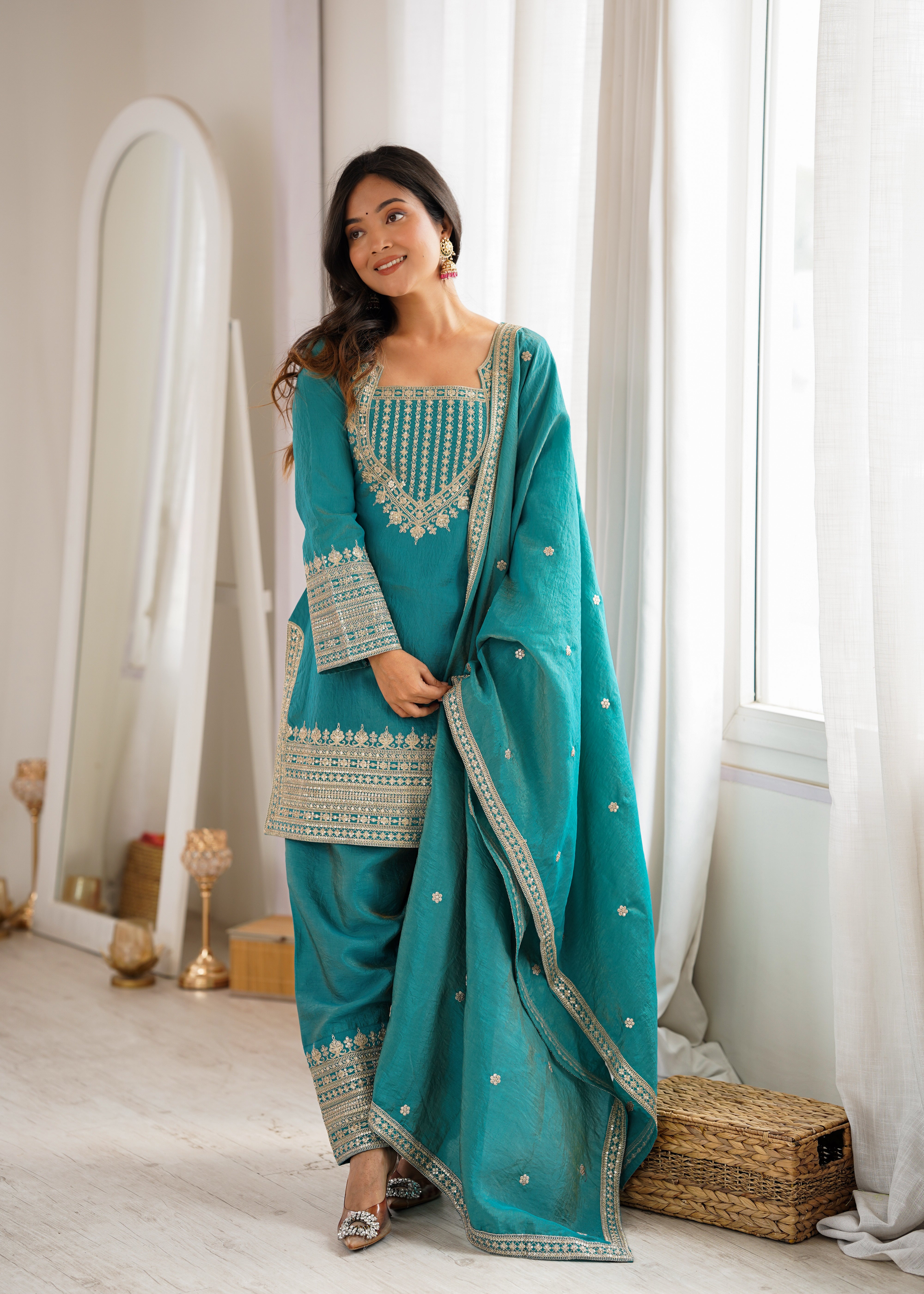Teal Blue NC Vichitra Silk Farshi Salwar Suit with Embroidery Dori Work for Festive Wear