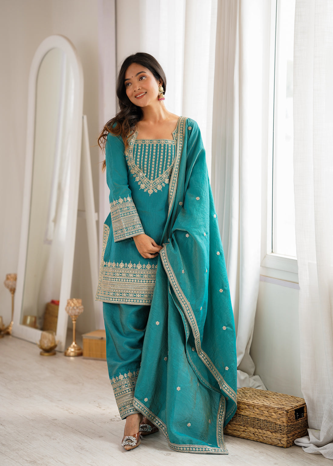Teal Blue NC Vichitra Silk Farshi Salwar Suit with Embroidery Dori Work for Festive Wear