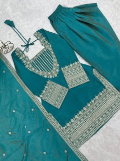 Teal Blue NC Vichitra Silk Farshi Salwar Suit with Embroidery Dori Work for Festive Wear