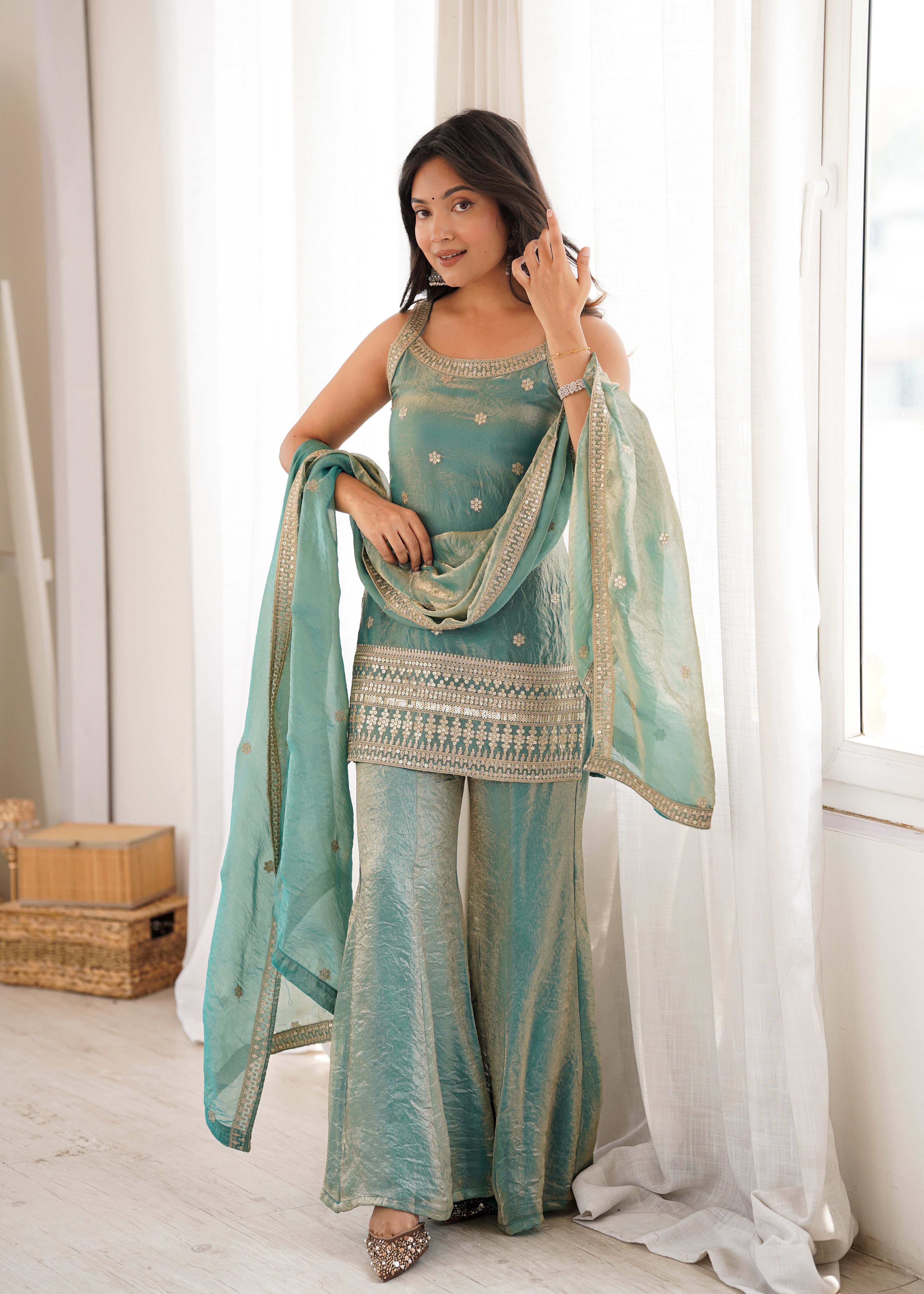 Rama Blue Sequins Embroidered Roman Suit – Zari Work, Bell Bottom