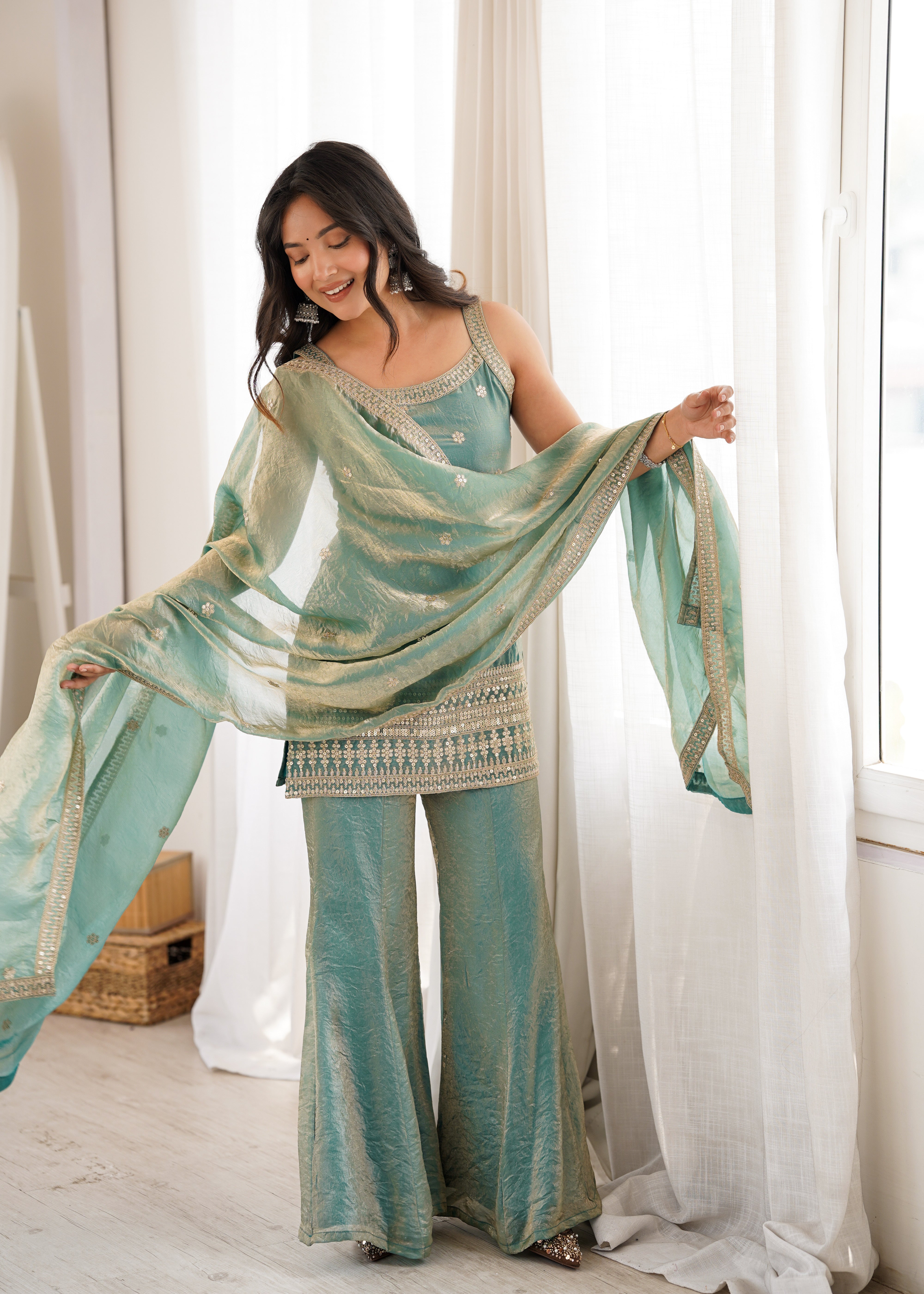 Rama Blue Sequins Embroidered Roman Suit – Zari Work, Bell Bottom