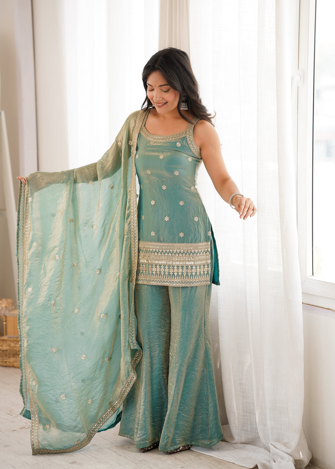 Rama Blue Sequins Embroidered Roman Suit – Zari Work, Bell Bottom
