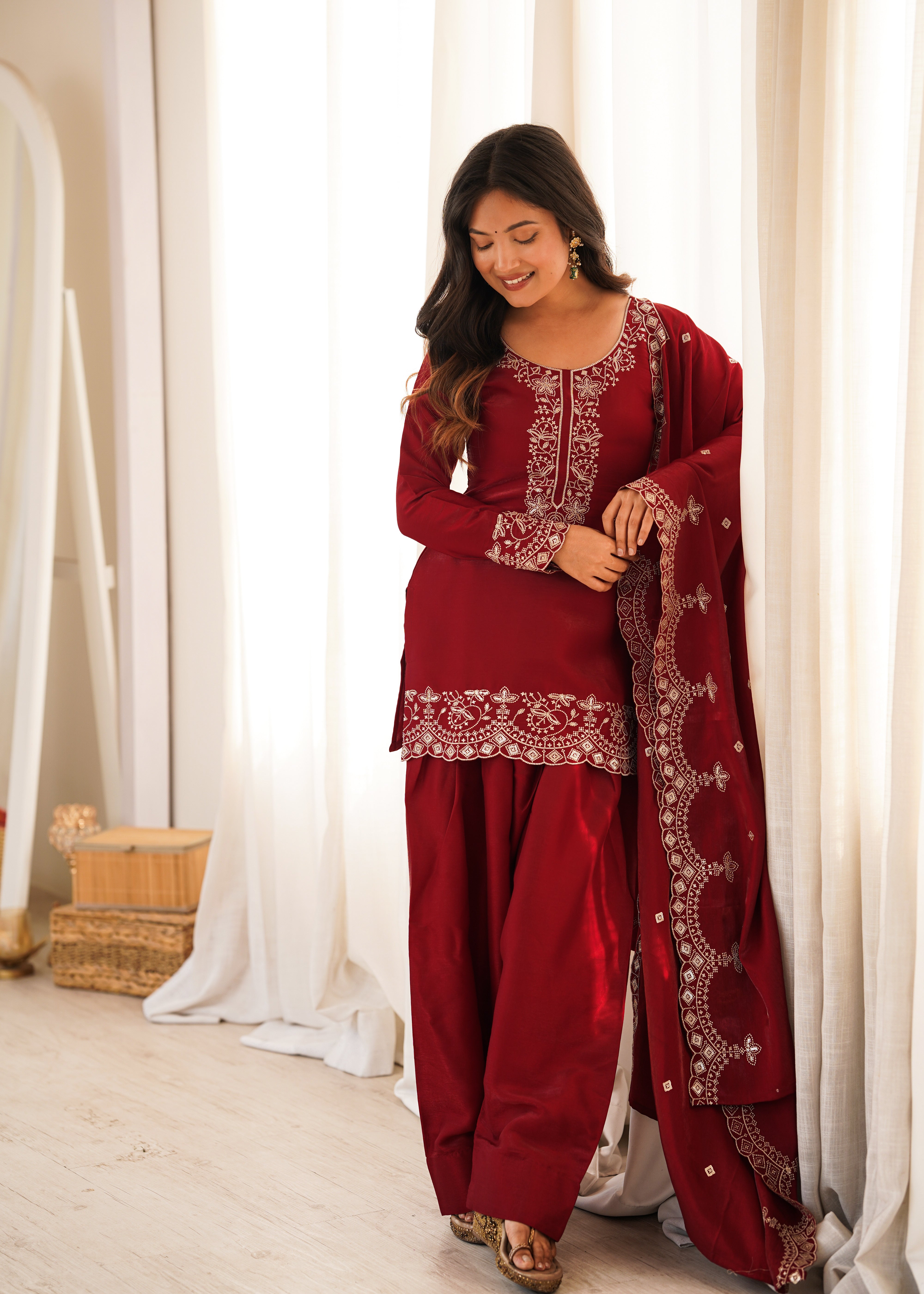 Party Wear Maroon Roman Silk Front Yoke Work Kurta with Farshi Shalwar