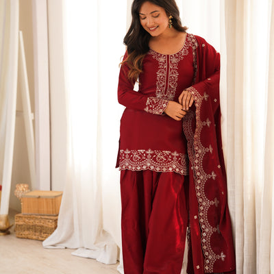 Party Wear Maroon Roman Silk Front Yoke Work Kurta with Farshi Shalwar