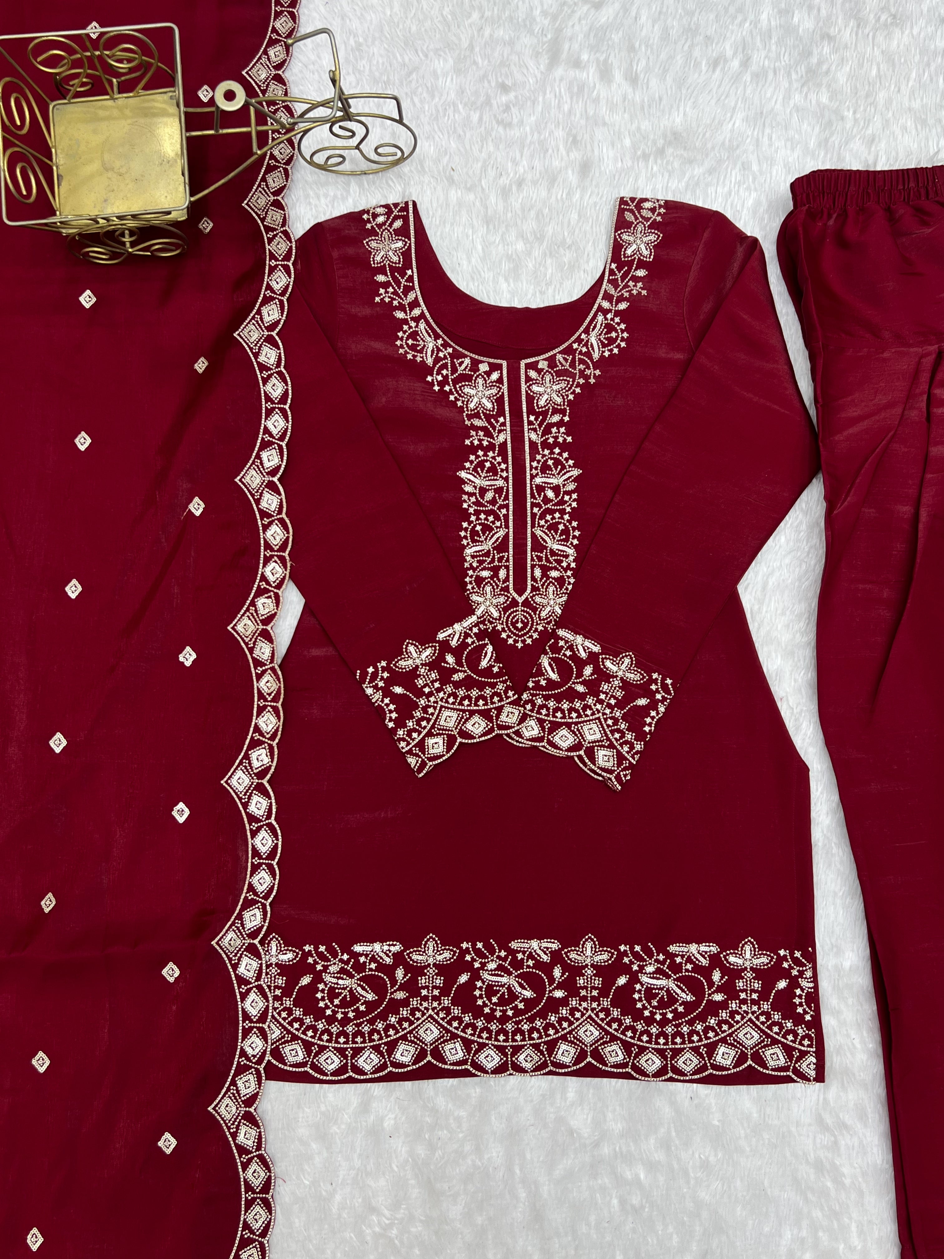 Party Wear Maroon Roman Silk Front Yoke Work Kurta with Farshi Shalwar