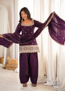 Purple Roman Silk Dori Zari Embroidered Suit Set Stitched