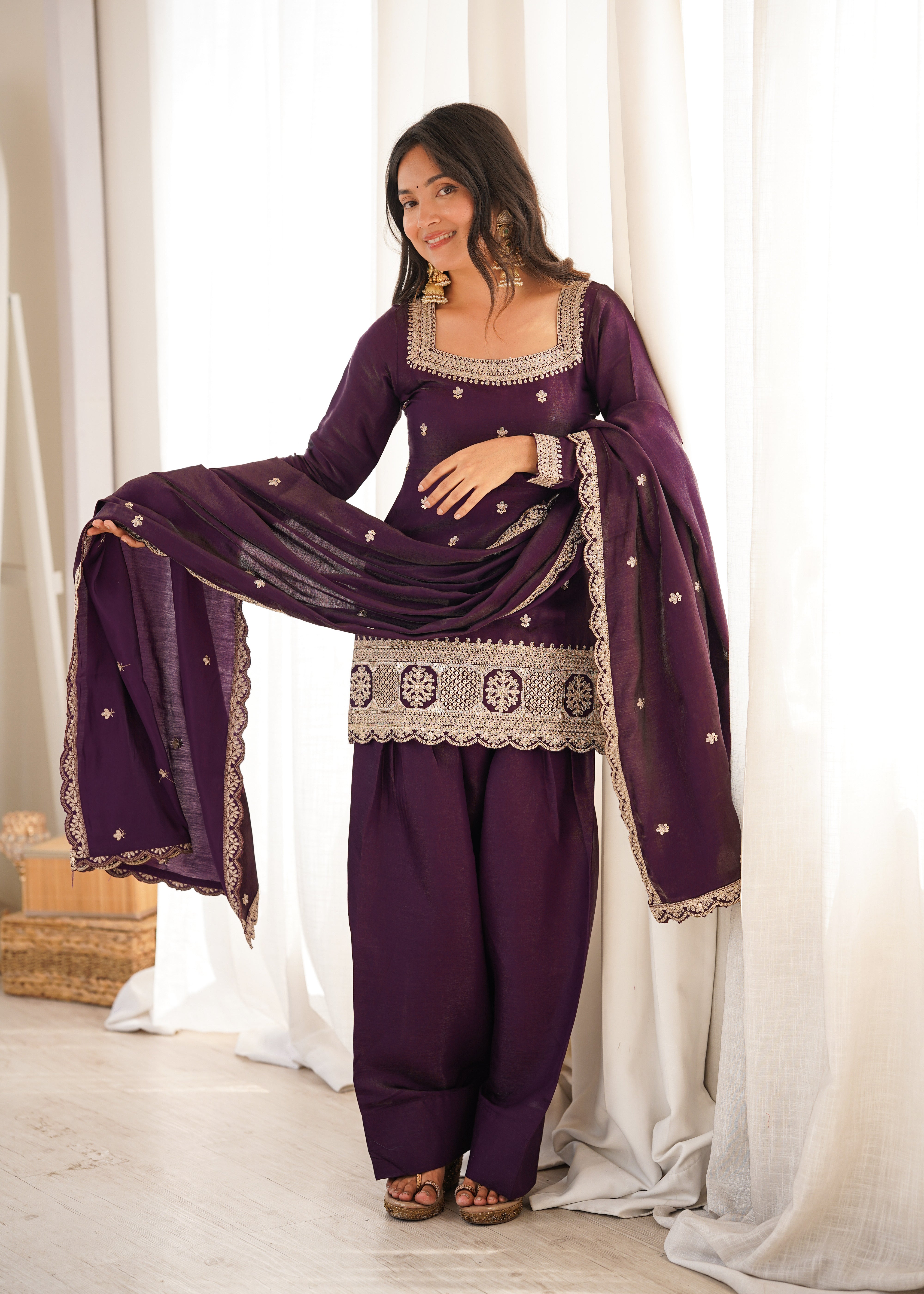 Purple Roman Silk Dori Zari Embroidered Suit Set Stitched
