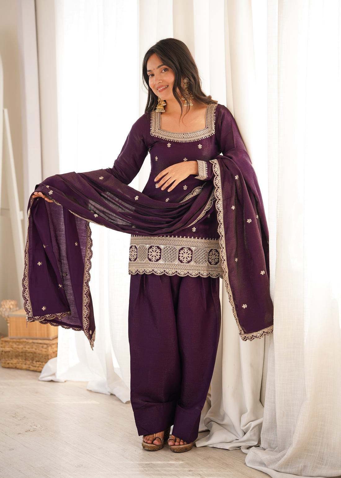 Purple Roman Silk Dori Zari Embroidered Suit Set Stitched