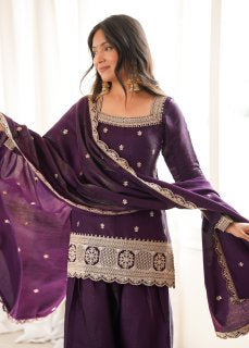 Purple Roman Silk Dori Zari Embroidered Suit Set Stitched