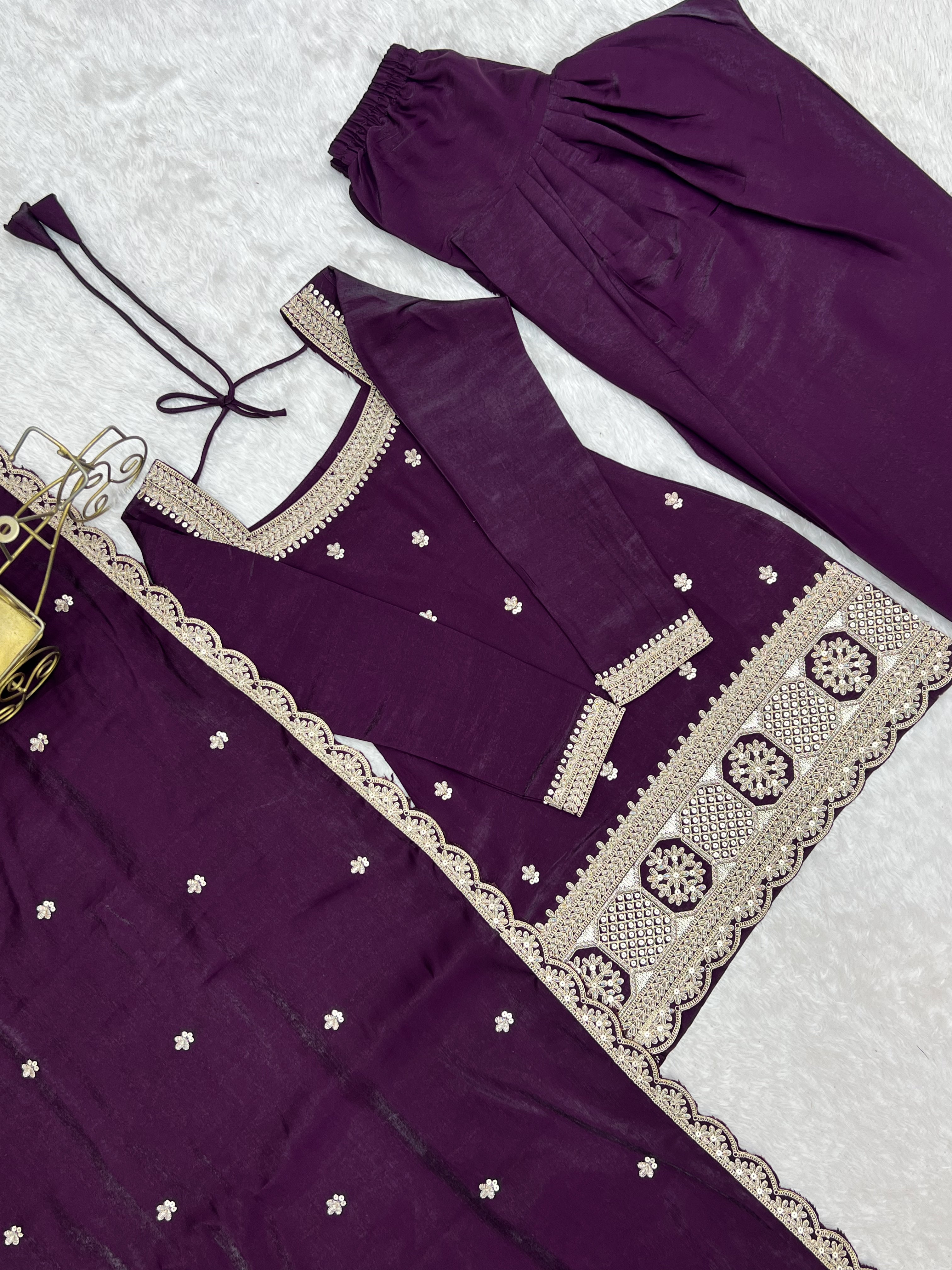 Purple Roman Silk Dori Zari Embroidered Suit Set Stitched