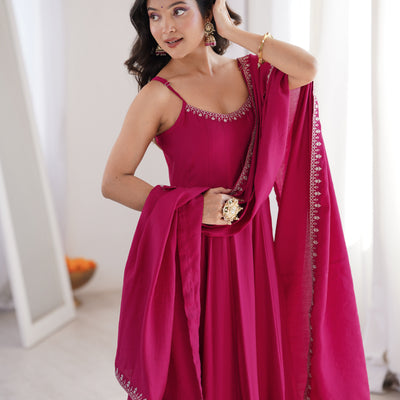 Rani Pink Pure Roman Silk Anarkali Suit - Fully Flared with Embroidered Border & Dupatta