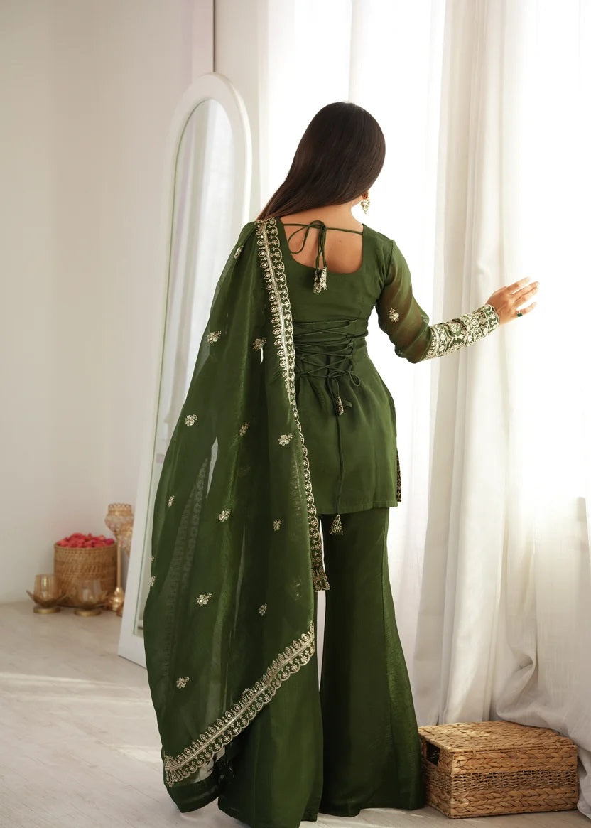 Wedding Special Mehendi Crunchy Silk Kurta Pant & Dupatta Set