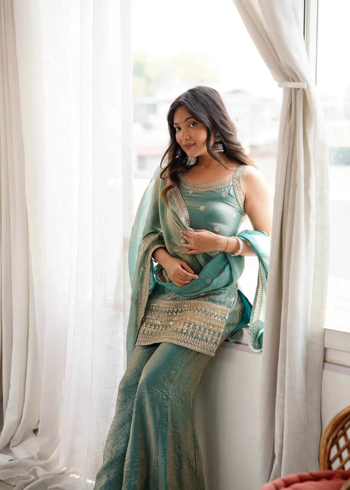 Rama Blue Sequins Embroidered Roman Suit – Zari Work, Bell Bottom