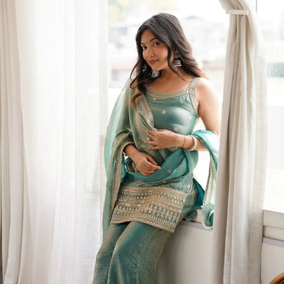 Rama Blue Sequins Embroidered Roman Suit – Zari Work, Bell Bottom