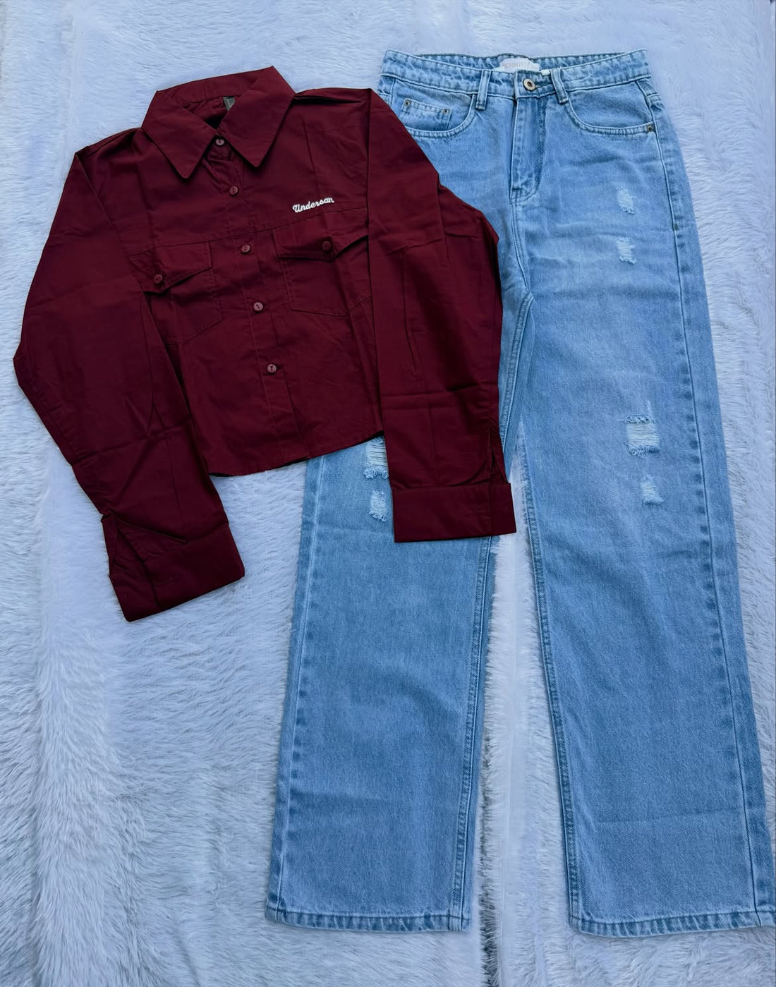 Trending Maroon Utility Shirt & Light Blue Distressed Jeans Combo