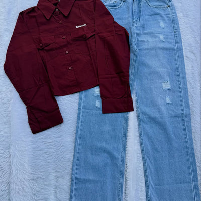 Trending Maroon Utility Shirt & Light Blue Distressed Jeans Combo