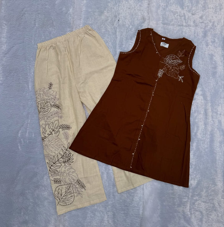 Trending Viral Brown Kurti & Printed Pants Combo
