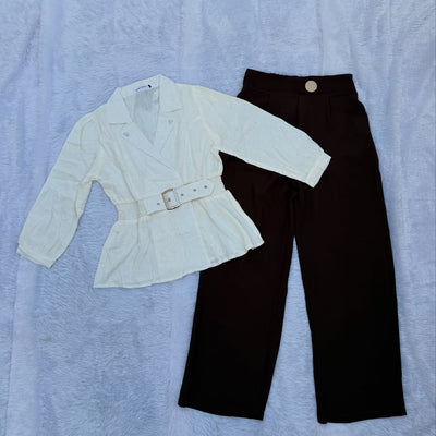Trending White Belted Top & Black Wide-Leg Pants Combo