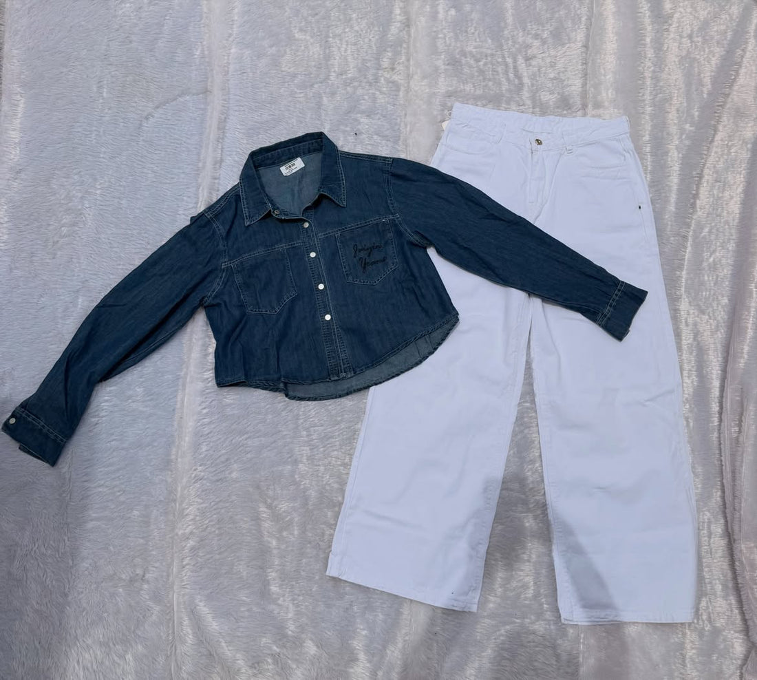 Classic Denim Shirt & White Pants Co-Ord Set