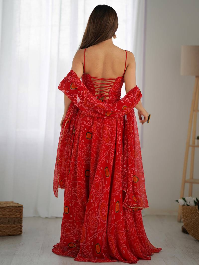 Bandhani Printed Chiffon Anarkali Gown With Dupatta Stitched