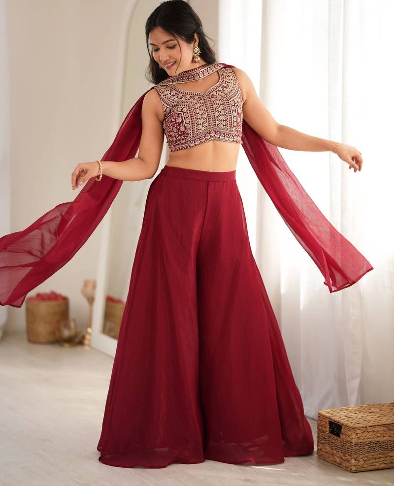 Maroon Crunchy Silk Blend Indo Western Crop Top Palazzo Set With Neck Dupatta Stitched