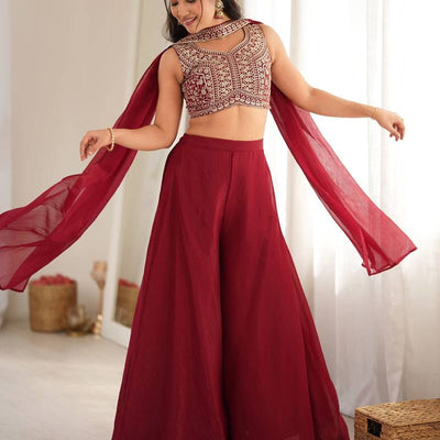 Maroon Crunchy Silk Blend Indo Western Crop Top Palazzo Set With Neck Dupatta Stitched